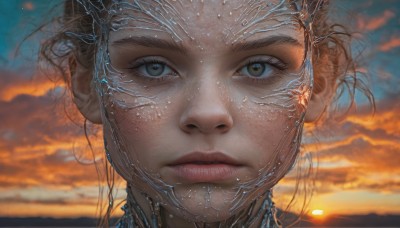 1girl,solo,looking at viewer,short hair,blue eyes,brown hair,closed mouth,outdoors,sky,cloud,water,blurry,lips,grey eyes,blurry background,expressionless,sunlight,cloudy sky,portrait,close-up,freckles,reflection,sunset,realistic,nose,sun,straight-on,eyelashes,science fiction