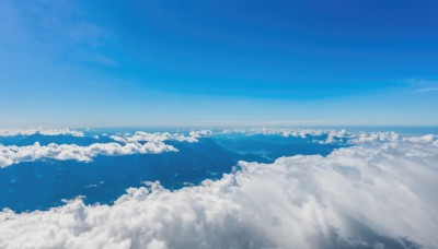 monochrome,outdoors,sky,day,cloud,blue sky,no humans,ocean,cloudy sky,scenery,blue theme,mountain,horizon,landscape,mountainous horizon,above clouds,water