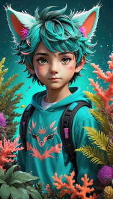 solo,looking at viewer,short hair,bangs,shirt,1boy,animal ears,closed mouth,green eyes,blue hair,upper body,flower,male focus,multicolored hair,outdoors,green hair,artist name,cat ears,hood,bag,lips,aqua hair,hoodie,leaf,watermark,blue background,backpack,hood down,plant,androgynous,freckles,fish,midoriya izuku,sky,night,messy hair,child,star (sky),night sky,web address,extra ears,male child,blue hoodie,coral