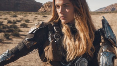 1girl,solo,long hair,blue eyes,blonde hair,closed mouth,upper body,outdoors,day,armor,blurry,lips,looking to the side,blurry background,looking away,shoulder armor,pauldrons,realistic,looking afar,brown hair,desert