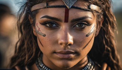 1girl,solo,long hair,looking at viewer,brown hair,brown eyes,jewelry,closed mouth,dark skin,necklace,blurry,dark-skinned female,lips,depth of field,blurry background,portrait,close-up,freckles,circlet,realistic,nose,choker,facial mark,bandaid,bandaid on face