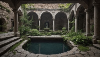 outdoors,day,water,tree,no humans,window,grass,plant,building,scenery,stairs,ruins,pillar,arch,moss,overgrown,column,reflection,rock,bush,architecture,bridge,river,stone