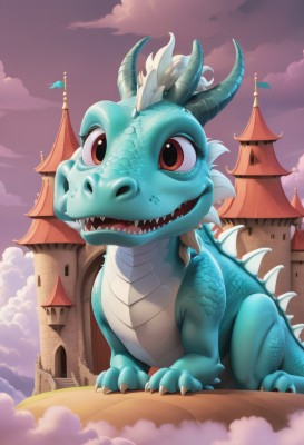 solo,open mouth,red eyes,brown eyes,tail,outdoors,horns,sky,teeth,cloud,no humans,fangs,cloudy sky,sharp teeth,building,claws,dragon,scales,castle,tower,full body,flag