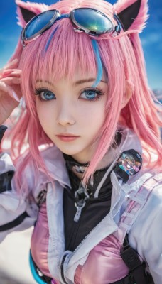 1girl,solo,long hair,breasts,looking at viewer,bangs,blue eyes,long sleeves,animal ears,closed mouth,blue hair,jacket,upper body,pink hair,multicolored hair,outdoors,sky,choker,day,cat ears,hand up,nail polish,two-tone hair,blue sky,lips,streaked hair,eyelashes,makeup,sunglasses,goggles,eyewear on head,pink nails,eyeshadow,zipper,goggles on head,pink lips,zipper pull tab,mascara,medium breasts,blurry,fingernails,realistic,nose,badge