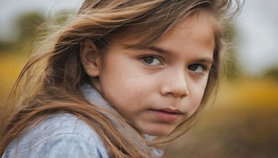 1girl,solo,long hair,looking at viewer,brown hair,brown eyes,closed mouth,blurry,sweater,lips,looking to the side,depth of field,blurry background,messy hair,portrait,close-up,freckles,realistic,nose,bangs,outdoors,from side,eyelashes,expressionless,blue shirt