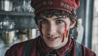 solo,looking at viewer,smile,short hair,bangs,blue eyes,brown hair,shirt,black hair,1boy,hat,brown eyes,upper body,male focus,parted lips,teeth,collared shirt,indoors,grin,blurry,lips,blood,blurry background,scar,red shirt,portrait,red headwear,scar on face,blood on face,realistic,uniform,heterochromia