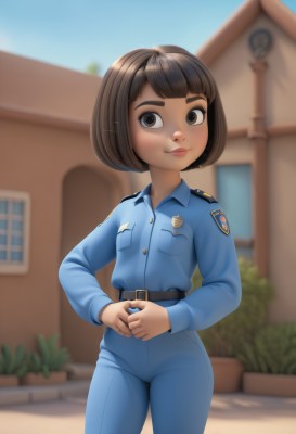 1girl,solo,looking at viewer,smile,short hair,bangs,brown hair,shirt,long sleeves,brown eyes,closed mouth,standing,cowboy shot,outdoors,sky,day,collared shirt,belt,pants,dark skin,blunt bangs,blurry,uniform,dark-skinned female,blue sky,lips,blurry background,bob cut,thick eyebrows,own hands together,blue shirt,building,pocket,black belt,blue pants,badge,police,police uniform,policewoman,military,military uniform,denim,breast pocket