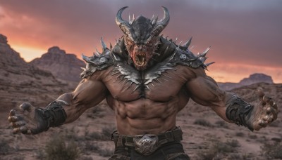 solo,looking at viewer,red eyes,gloves,1boy,navel,jewelry,nipples,upper body,male focus,outdoors,horns,sky,teeth,belt,pants,dark skin,armor,muscular,glowing,scar,abs,dark-skinned male,helmet,pectorals,muscular male,shoulder armor,gauntlets,bara,glowing eyes,spikes,large pectorals,veins,pauldrons,topless male,sunset,mountain,furry male,manly,leather,chest hair,biceps,tusks,thick arms,leather belt,veiny arms,open mouth,fingerless gloves,fangs,outstretched arms,sharp teeth,skull,monster,open hands,demon