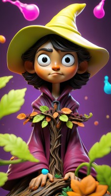 1girl,solo,looking at viewer,short hair,brown hair,black hair,long sleeves,hat,flower,blurry,black eyes,gradient,gradient background,witch hat,leaf,plant,child,freckles,purple background,robe,branch,witch,wizard hat,1boy,brown eyes,male focus,nail polish,fingernails,watermark,web address,nose,mushroom,wizard