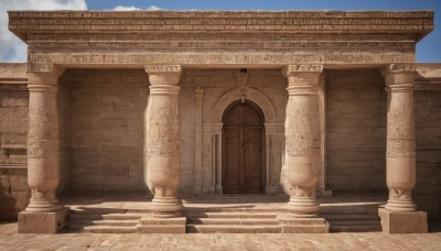 outdoors,sky,day,cloud,blue sky,no humans,building,scenery,stairs,architecture,pillar,arch,column,sunlight,cloudy sky