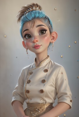 1girl,solo,looking at viewer,blush,smile,short hair,brown hair,shirt,hair ornament,brown eyes,jewelry,closed mouth,blue hair,white shirt,upper body,short sleeves,multicolored hair,earrings,grey background,hair bun,bracelet,two-tone hair,lips,eyelashes,makeup,buttons,single hair bun,thick eyebrows,own hands together,lipstick,freckles,brown skirt,realistic,nose,double-breasted,mascara,artist name,watermark,red lips