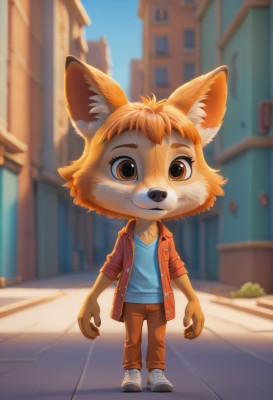 solo,looking at viewer,smile,short hair,shirt,1boy,animal ears,brown eyes,closed mouth,standing,jacket,full body,male focus,outdoors,open clothes,sky,shoes,day,pants,artist name,signature,orange hair,blurry,open jacket,blue sky,fox ears,window,:3,depth of field,blurry background,watermark,white footwear,blue shirt,building,sneakers,child,claws,red jacket,furry,walking,city,furry female,female child,furry male,male child,body fur,brown pants,house,red pants,animal nose,brown fur,orange fur,1girl,bangs,tail,animal ear fluff,buttons,fox tail,fox girl,web address,freckles,snout,orange jacket