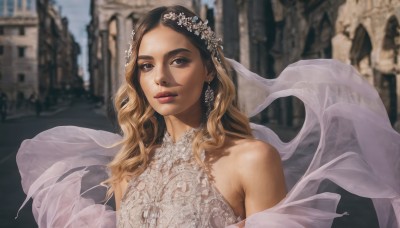 1girl,solo,long hair,looking at viewer,blonde hair,brown hair,hair ornament,dress,bare shoulders,brown eyes,jewelry,upper body,multicolored hair,earrings,outdoors,parted lips,sleeveless,white dress,blurry,lips,depth of field,blurry background,wavy hair,shawl,realistic,nose,halterneck,veil