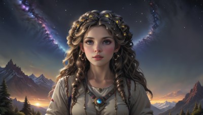 1girl,solo,long hair,looking at viewer,blush,blue eyes,brown hair,shirt,black hair,hair ornament,jewelry,collarbone,upper body,earrings,outdoors,sky,cloud,dark skin,necklace,star (symbol),tree,lips,eyelashes,makeup,night,wavy hair,gem,star (sky),nature,night sky,forest,starry sky,freckles,curly hair,sunset,mountain,realistic,nose,twilight,mountainous horizon,pine tree,breasts,white shirt,parted lips,teeth,grey eyes,backlighting,red lips,sunrise