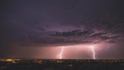 1girl,solo,outdoors,sky,cloud,no humans,night,ocean,cloudy sky,night sky,scenery,sunset,city,fantasy,horizon,silhouette,electricity,cityscape,dark,lightning,landscape,city lights