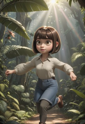 1girl,solo,looking at viewer,short hair,bangs,brown hair,shirt,long sleeves,brown eyes,closed mouth,standing,full body,white shirt,pantyhose,boots,outdoors,shoes,shorts,day,puffy sleeves,collared shirt,belt,pants,blunt bangs,tree,lips,black pantyhose,leaf,brown footwear,sunlight,bob cut,standing on one leg,plant,denim,child,nature,clenched hands,forest,walking,blue shorts,denim shorts,running,light rays,female child,shirt tucked in,legwear under shorts,sunbeam,leggings,mushroom,path,bug