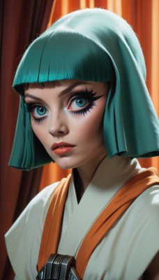 1girl,solo,looking at viewer,short hair,bangs,blue eyes,green eyes,upper body,parted lips,japanese clothes,green hair,blunt bangs,kimono,aqua eyes,lips,eyelashes,aqua hair,makeup,bob cut,lipstick,curtains,eyeshadow,realistic,nose,red lips,artist name,watermark,portrait,web address,eyeliner,mascara