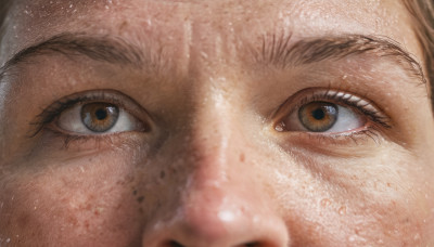 solo, 1boy, brown eyes, male focus, blurry, eyelashes, close-up, freckles, realistic, eye focus