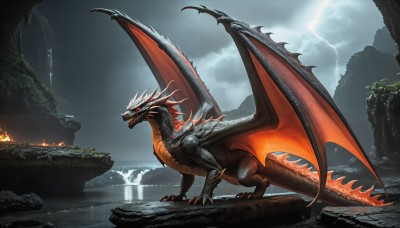 HQ,solo,open mouth,red eyes,tail,outdoors,wings,horns,sky,teeth,cloud,water,pokemon (creature),no humans,glowing,fangs,cloudy sky,fire,sharp teeth,claws,monster,rock,mountain,dragon,scales,lightning,waterfall,dragon wings,flame-tipped tail,cliff,breathing fire,molten rock,nature,scenery,glowing eyes,rain,fantasy,electricity,river