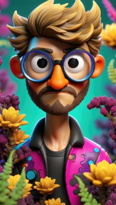 solo,looking at viewer,short hair,blonde hair,brown hair,shirt,1boy,closed mouth,jacket,upper body,flower,male focus,open clothes,glasses,artist name,blurry,black eyes,black shirt,blurry background,facial hair,portrait,beard,black-framed eyewear,yellow flower,round eyewear,mustache,pink jacket,straight-on,open jacket,depth of field,watermark,web address