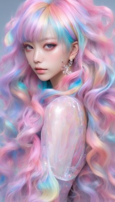 1girl,solo,long hair,looking at viewer,bangs,blue eyes,blonde hair,simple background,jewelry,closed mouth,blue hair,upper body,pink hair,short sleeves,multicolored hair,earrings,puffy sleeves,from side,lips,streaked hair,see-through,grey eyes,eyelashes,makeup,blue background,wavy hair,piercing,eyeshadow,nose,realistic,rainbow hair