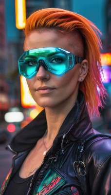 1girl,solo,looking at viewer,short hair,brown eyes,jewelry,collarbone,jacket,upper body,earrings,open clothes,necklace,orange hair,blurry,lips,black jacket,blurry background,goggles,zipper,freckles,realistic,nose,stud earrings,leather,leather jacket,cyberpunk,shirt,closed mouth,outdoors,signature,open jacket,black shirt,night,depth of field,piercing,sunglasses,science fiction,city,unzipped,tinted eyewear,city lights