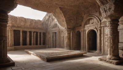 monochrome,outdoors,day,no humans,sunlight,scenery,stairs,fantasy,architecture,ruins,pillar,statue,arch,column,sky,building,bridge,desert