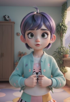 1girl,solo,looking at viewer,blush,short hair,bangs,skirt,shirt,long sleeves,holding,jewelry,green eyes,standing,jacket,white shirt,purple hair,ahoge,pleated skirt,earrings,parted lips,open clothes,artist name,indoors,blurry,open jacket,lips,eyelashes,floral print,stuffed toy,stuffed animal,plant,blue jacket,child,pink skirt,freckles,female child,stud earrings,potted plant,yellow skirt,print shirt,shelf,upper body,thick eyebrows,nose