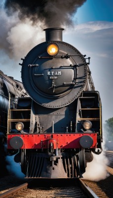 outdoors,sky,day,cloud,blue sky,military,no humans,ground vehicle,motor vehicle,smoke,military vehicle,vehicle focus,train,railroad tracks,tree,scenery,train station