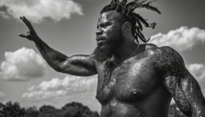 solo,hair ornament,1boy,jewelry,closed mouth,nipples,monochrome,upper body,greyscale,male focus,outdoors,sky,day,cloud,dark skin,necklace,blurry,arm up,tattoo,muscular,blurry background,facial hair,dark-skinned male,cloudy sky,outstretched arm,realistic,arm tattoo,chest tattoo,very dark skin,dreadlocks,earrings,from side,tree,pectorals,muscular male,beard,topless male