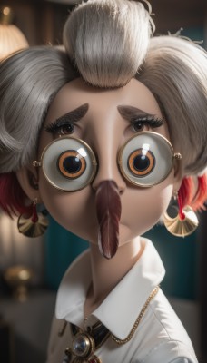 1girl,solo,looking at viewer,short hair,shirt,brown eyes,jewelry,white shirt,upper body,white hair,grey hair,red hair,multicolored hair,earrings,glasses,collared shirt,indoors,necklace,blurry,two-tone hair,eyelashes,depth of field,blurry background,mouth hold,thick eyebrows,feathers,brooch,portrait,freckles,round eyewear,brown hair,artist name,lips,gem