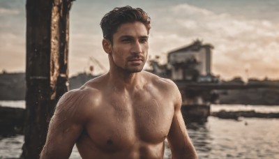 solo,looking at viewer,short hair,brown hair,black hair,1boy,closed mouth,nipples,upper body,male focus,nude,outdoors,sky,dark skin,water,blurry,wet,muscular,blurry background,facial hair,pectorals,muscular male,bara,beard,topless male,realistic,watercraft,manly,chest hair,photo background,brown eyes,day,cloud,cloudy sky,large pectorals,veiny arms