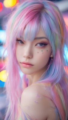 1girl,solo,long hair,looking at viewer,bangs,bare shoulders,jewelry,closed mouth,blue hair,upper body,pink hair,multicolored hair,earrings,looking back,artist name,blurry,two-tone hair,lips,grey eyes,eyelashes,makeup,depth of field,blurry background,watermark,piercing,portrait,web address,eyeshadow,realistic,nose,mascara,rainbow hair,blue eyes,facial mark