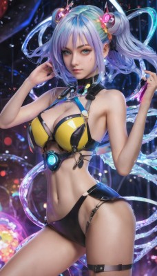 1girl,solo,long hair,breasts,looking at viewer,bangs,blue eyes,large breasts,hair ornament,navel,cleavage,bare shoulders,twintails,jewelry,medium breasts,blue hair,standing,swimsuit,purple hair,bikini,thighs,multicolored hair,cowboy shot,midriff,stomach,hair bun,mole,lips,mole under eye,double bun,thigh strap,realistic,yellow bikini,closed mouth,artist name,nail polish,hair rings,contrapposto,mole on breast,nose