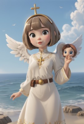 1girl,solo,looking at viewer,smile,short hair,bangs,brown hair,long sleeves,dress,holding,brown eyes,jewelry,closed mouth,standing,cowboy shot,hairband,outdoors,parted lips,wings,sky,day,belt,cloud,hand up,wide sleeves,blunt bangs,water,necklace,white dress,blurry,blue sky,lips,depth of field,blurry background,bird,ocean,animal,beach,bob cut,cross,child,feathered wings,angel wings,pouch,robe,rock,sand,white wings,horizon,angel,red lips,female child,brown belt,cross necklace,belt pouch,mini wings,fake wings,breasts,blush,blue eyes,multiple girls,2girls,solo focus,artist name,halo,nose