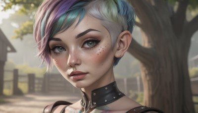 1girl,solo,looking at viewer,short hair,bangs,blue eyes,jewelry,closed mouth,green eyes,blue hair,pink hair,purple hair,multicolored hair,outdoors,choker,artist name,blurry,two-tone hair,tree,lips,eyelashes,makeup,depth of field,blurry background,portrait,eyeshadow,freckles,realistic,nose,very short hair,mascara,blush,upper body,earrings,parted lips,green hair,day,collar,streaked hair,aqua hair,tattoo,web address,close-up,pink lips