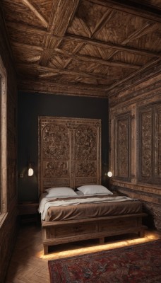 indoors,pillow,no humans,bed,bed sheet,on bed,scenery,wooden floor,blanket,lamp,bedroom,ceiling,carpet,rug,chandelier,door,light,ceiling light