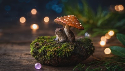 blue eyes,outdoors,sky,signature,blurry,no humans,night,depth of field,blurry background,animal,leaf,cat,grass,plant,realistic,mushroom,animal focus,bokeh,whiskers,nature,scenery,fantasy,mouse,moss