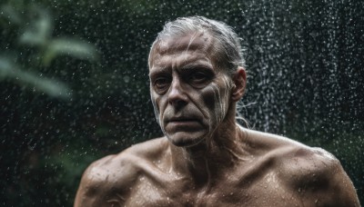 solo,1boy,closed mouth,collarbone,upper body,white hair,male focus,blurry,wet,facial hair,parody,rain,realistic,manly,old,old man,looking at viewer,closed eyes,grey hair,scar,portrait,star (sky),space,wrinkled skin