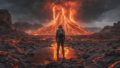 solo, 1boy, standing, jacket, male focus, outdoors, sky, pants, cloud, hood, from behind, dutch angle, cloudy sky, fire, scenery, rain, mountain, lightning, molten rock