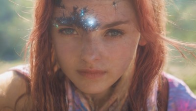 1girl,solo,long hair,looking at viewer,blue eyes,brown hair,closed mouth,green eyes,red hair,blurry,lips,eyelashes,depth of field,blurry background,gem,portrait,close-up,crystal,realistic,nose,orange hair,forehead jewel