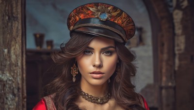 1girl,solo,long hair,looking at viewer,brown hair,hat,brown eyes,jewelry,earrings,parted lips,choker,necklace,blurry,lips,blurry background,portrait,peaked cap,freckles,curly hair,realistic,nose,eyelashes,makeup,depth of field,close-up,red lips