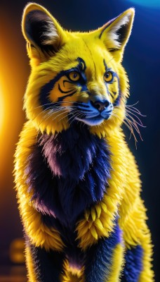 solo,looking at viewer,closed mouth,yellow eyes,signature,blurry,no humans,night,blurry background,animal,moon,cat,realistic,animal focus,whiskers,upper body,pokemon (creature),watermark,web address,tiger