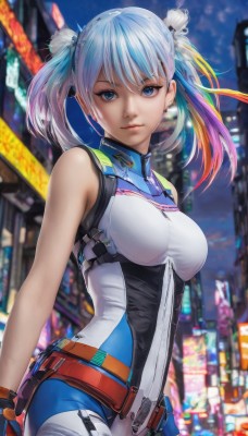 1girl,solo,long hair,breasts,looking at viewer,smile,bangs,blue eyes,hair ornament,gloves,bare shoulders,twintails,jewelry,medium breasts,closed mouth,blue hair,white hair,multicolored hair,cowboy shot,earrings,outdoors,sleeveless,belt,blurry,two-tone hair,lips,streaked hair,bodysuit,night,blurry background,short twintails,building,science fiction,city,realistic,arms at sides,standing,pink hair,sky,artist name,fingerless gloves,depth of field,skin tight,pouch,nose,belt pouch,blue bodysuit,city lights