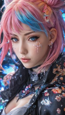 1girl,solo,breasts,looking at viewer,short hair,bangs,blue eyes,hair ornament,cleavage,jewelry,medium breasts,blue hair,jacket,upper body,pink hair,multicolored hair,earrings,parted lips,choker,two-tone hair,lips,streaked hair,black jacket,eyelashes,makeup,black choker,gem,portrait,close-up,eyeshadow,crystal,realistic,nose,mascara,k/da (league of legends),blonde hair,heart,hairclip,artist name,tears,necklace,blurry,depth of field,facial mark,piercing,lipstick,ear piercing,fish,bubble,water drop,pink lips,eyeliner,air bubble,goldfish