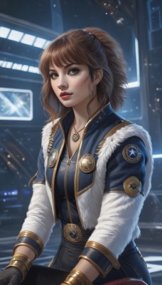 1girl,solo,breasts,looking at viewer,bangs,brown hair,gloves,brown eyes,jewelry,jacket,ponytail,parted lips,black gloves,belt,medium hair,necklace,blurry,lips,grey eyes,fur trim,makeup,blurry background,lipstick,ground vehicle,pendant,cropped jacket,realistic,nose,red lips,badge,short hair,long sleeves,sitting,hairband,earrings,artist name,indoors,open jacket,zipper,freckles