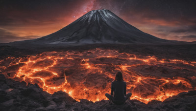 1girl, solo, black hair, sitting, outdoors, sky, cloud, from behind, night, fire, star (sky), night sky, scenery, starry sky, mountain, facing away, indian style, molten rock