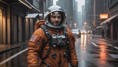 solo,looking at viewer,brown hair,1boy,brown eyes,upper body,male focus,outdoors,solo focus,blurry,depth of field,blurry background,facial hair,helmet,ground vehicle,building,motor vehicle,reflection,science fiction,rain,city,sign,realistic,road,street,american flag,spacesuit,japanese flag,united states,astronaut,closed mouth,jacket,bag,backpack,walking,pilot suit,space helmet