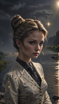 1girl,solo,breasts,looking at viewer,blue eyes,blonde hair,brown hair,shirt,jewelry,closed mouth,jacket,upper body,earrings,outdoors,necktie,sky,collared shirt,cloud,water,hair bun,star (symbol),lips,grey eyes,black shirt,makeup,night,buttons,formal,single hair bun,white jacket,cloudy sky,suit,black necktie,freckles,reflection,realistic,grey jacket,sun,red lips,stud earrings,river,blush,long sleeves,artist name,eyelashes,moon,sunlight,night sky,nose,star print,lake