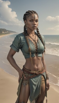 1girl,solo,long hair,breasts,looking at viewer,brown hair,shirt,black hair,navel,cleavage,brown eyes,jewelry,medium breasts,closed mouth,standing,braid,short sleeves,cowboy shot,earrings,outdoors,parted lips,sky,day,midriff,belt,pants,cloud,dark skin,water,necklace,stomach,twin braids,bracelet,dark-skinned female,blue sky,lips,crop top,hand on hip,ocean,beach,pelvic curtain,forehead,contrapposto,toned,hoop earrings,realistic,nose,green shirt,sand,horizon,forehead jewel,fringe trim,loincloth,desert,multiple braids,skirt,collarbone,piercing,scenery,dreadlocks